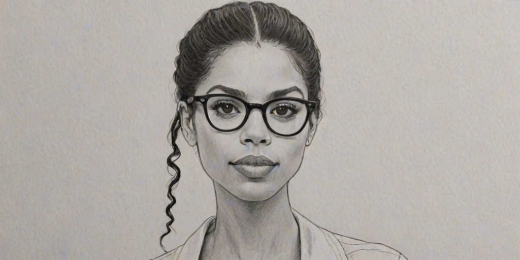 Stunning Susan Kelechi Watson, pencil sketch, portrait of Comely woman 1978s in glasses, hair style beatnik, outline, clear lines, fine lines, 8k