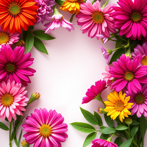 Create a vibrant floral frame with a blank center, using a DSLR camera, 50mm lens, f/2.8 aperture, ISO 100, natural lighting, and a shallow depth of field to enhance the colors and details of the flowers against a soft, textured background.