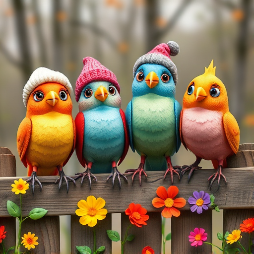 create a scene of 4 quirky  whimsical colourful comical birds each with a funny expression. they are sat on a wooden fence with colourful flowers. they are all different sizes. each one is a different colour  one is wearing a woolly hat. Each one has a different quirky google expression and there is a muted background of trees watercolour paintierly style high definition 8k resolution 3D paper mache