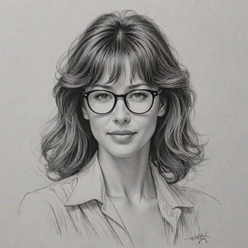 Wonderful Sophie Marceau, pencil sketch, portrait of Splendid woman 1945s in glasses, hair style beatnik, outline, clear lines, fine lines, 8k