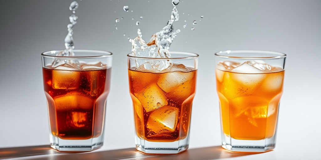 high-speed photography of three glasses of soda with ice splashing, shallow depth of field, ISO 100, f/2.8, shutter speed 1/1000 sec, 50mm lens, natural lighting, studio background