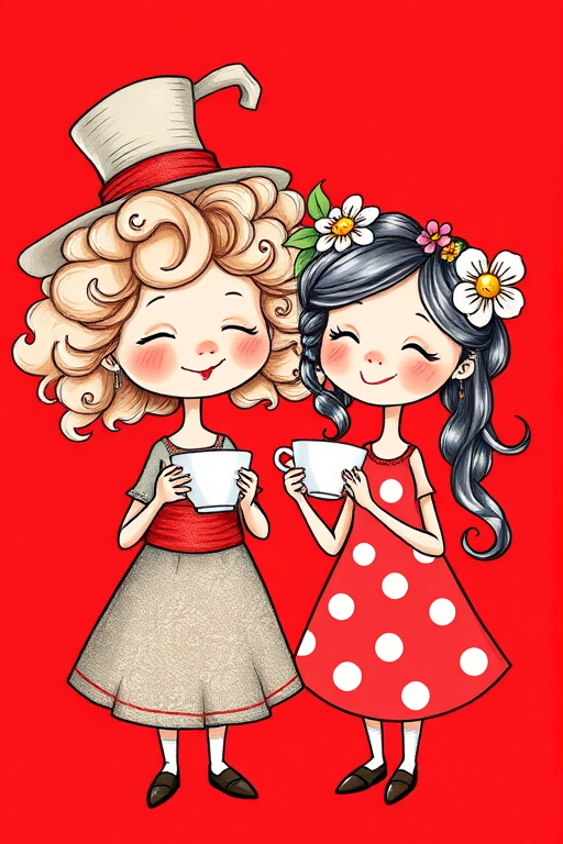 Create an illustration of two whimsical characters, one with curly hair and a large hat, and the other with polka dots and flowers in their hair, raising small tea cups in a cheerful manner, with a bright red background, using a digital drawing style with high resolution, emphasizing clean lines and vibrant colors, shot from a slightly tilted top-down angle to add interest, using a drawing tablet for enhanced details.