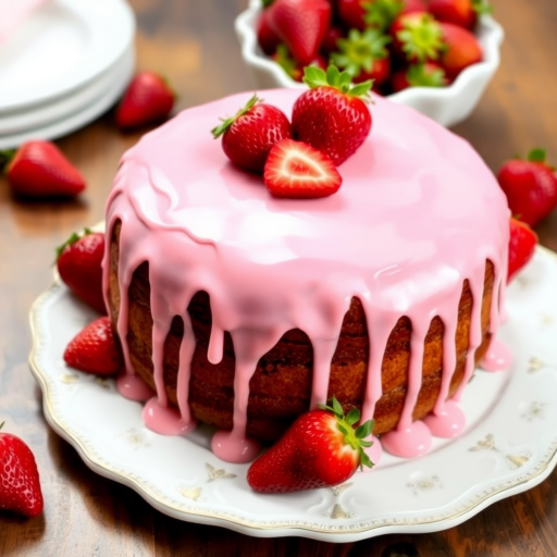 A delicious round cake with pink icing dripping down the sides topped with fresh strawberries on a decorative white plate accompanied by a bowl of strawberries in the background.