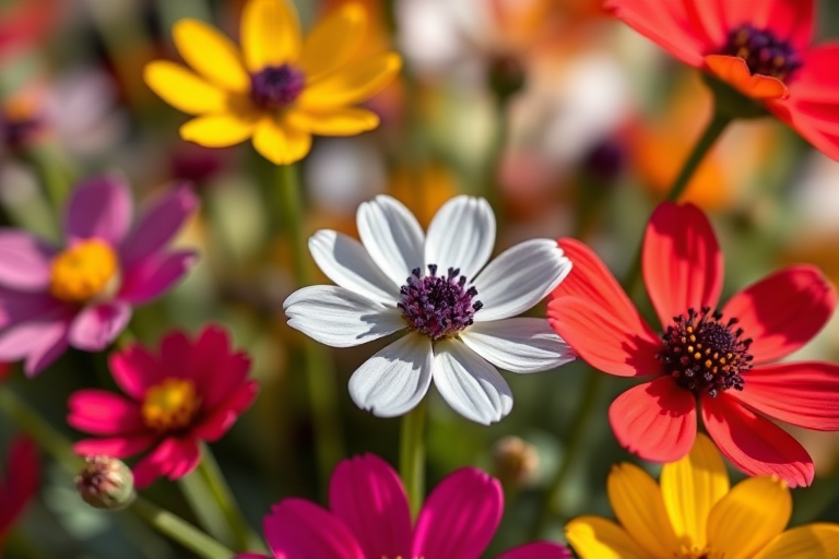 Create a high-resolution image of stylized flowers with a vibrant color palette, using a macro lens, f/2.8 aperture, 50mm focal length, shot in natural light with a shallow depth of field for enhanced detail and clarity.