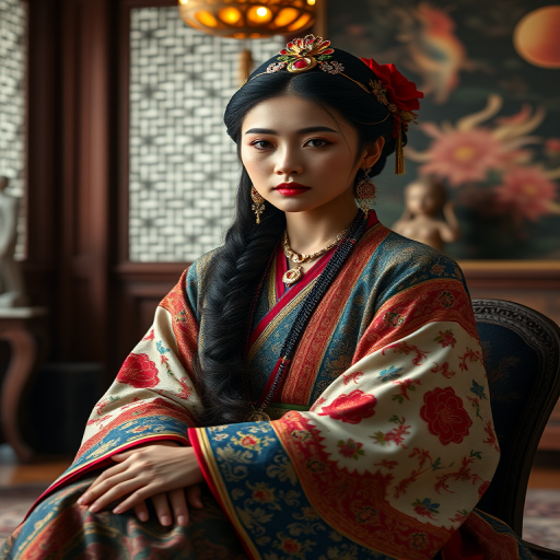 A beautiful Guarani woman in traditional East Asian attire, intricately detailed with embroidered patterns, sitting gracefully in a richly decorated room, soft ambient lighting, serene and elegant, ultra-realistic, 8K resolution