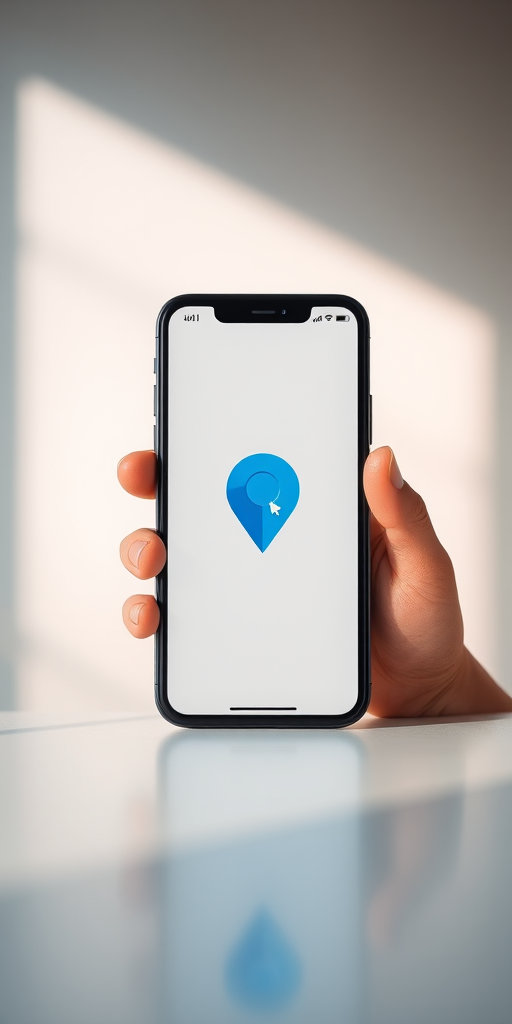 Create a high-resolution image of a smartphone screen displaying a blue location pin icon on a minimalistic background, using a Canon EOS R6 with an aperture of f/2.8, shutter speed of 1/125s, ISO 100, shot in portrait orientation with a shallow depth of field and soft natural lighting.