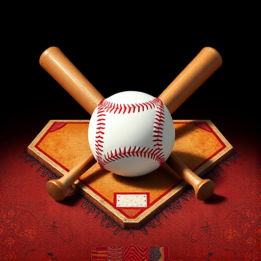 Create a high-resolution illustration of a baseball set within a home plate design, flanked by two crossed baseball bats, using a DSLR camera with a 50mm lens, aperture set at f/1.8, ISO 100, with a focus on vibrant colors and sharp details in a studio lighting setup.