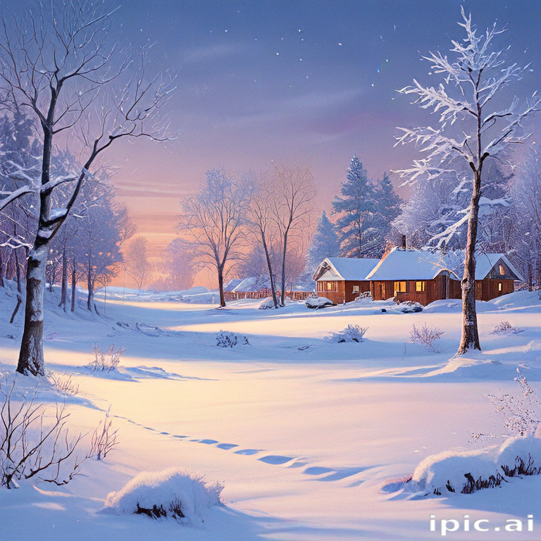 Serene Winter Landscape Featuring a Cozy Cabin Amidst a Snowy Wonderland