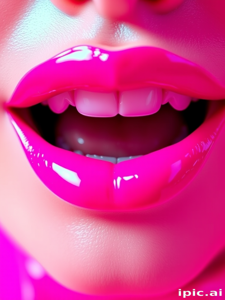 Glossy neon pink lips with a high-shine finish, dubbed "Electric Bubblegum," display a vibrant, attention-grabbing color and ultra-reflective surface