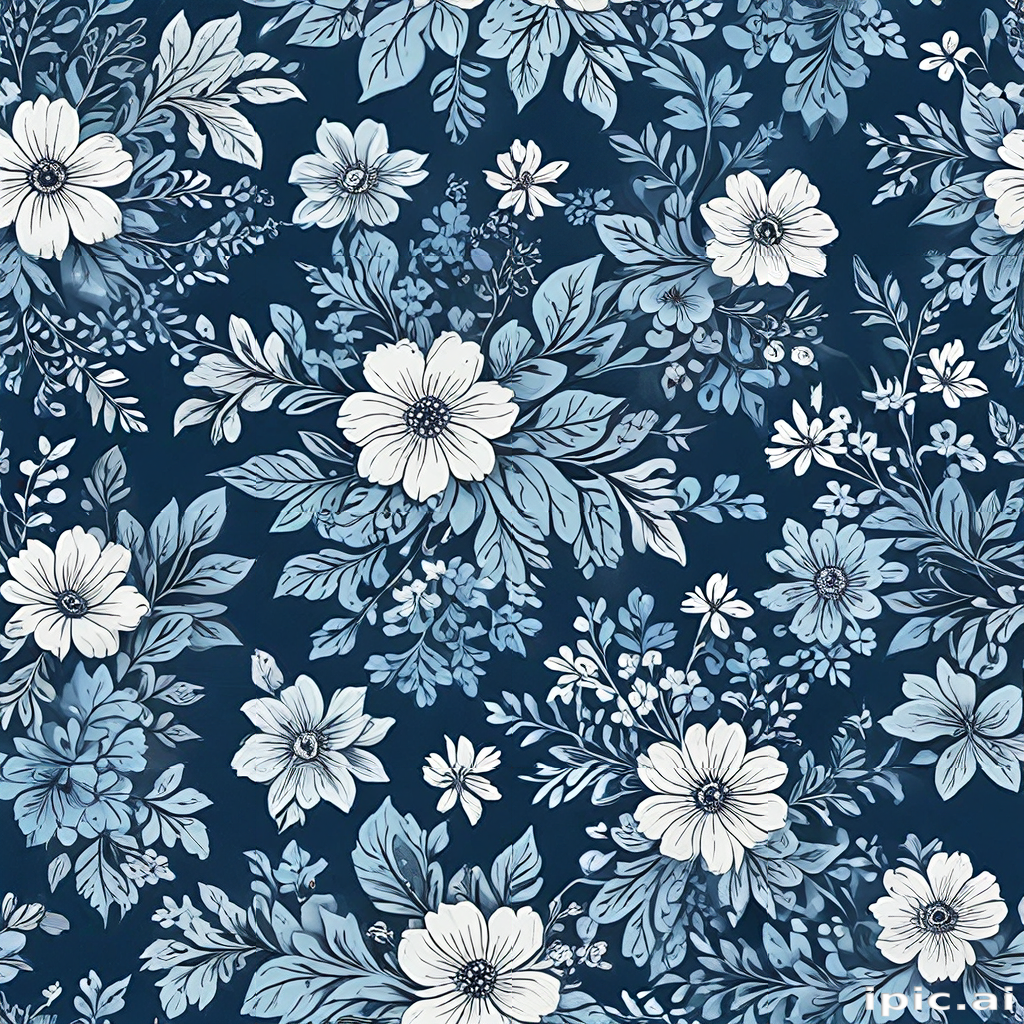 Elegant Floral Pattern Featuring Blue and White Flowers on Dark Background