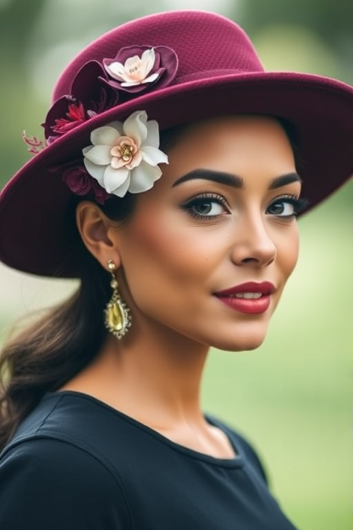 portrait of a woman wearing a stylish burgundy hat with floral details and elegant earrings, soft focus background, 50mm lens, aperture f/1.8, ISO 100, natural light, shallow depth of field