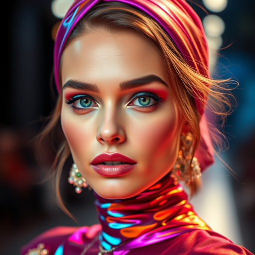 Runway capture, a beautiful model, vibrant colors, metallic textures, high fashion editorial , a 100mm macro lens to get extreme close-ups of intricate details like fabric stitching, accessories, or makeup artistry