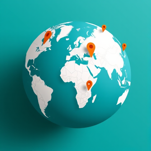 Create a high-resolution vector-style image of a globe with a teal background, showing continents in white and map markers in orange indicating various locations, using a DSLR camera with a 50mm lens, f/8 aperture, 1/200 second shutter speed, and natural lighting.