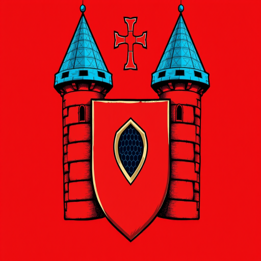 Create a detailed vector illustration of a medieval coat of arms featuring two blue-topped towers with a central cross and a rose window, set against a red background, in a sharp, vibrant style using a digital drawing tablet with a resolution of 300 DPI, captured at a 50mm focal length, f/8 aperture for depth clarity, and soft lighting to enhance colors.