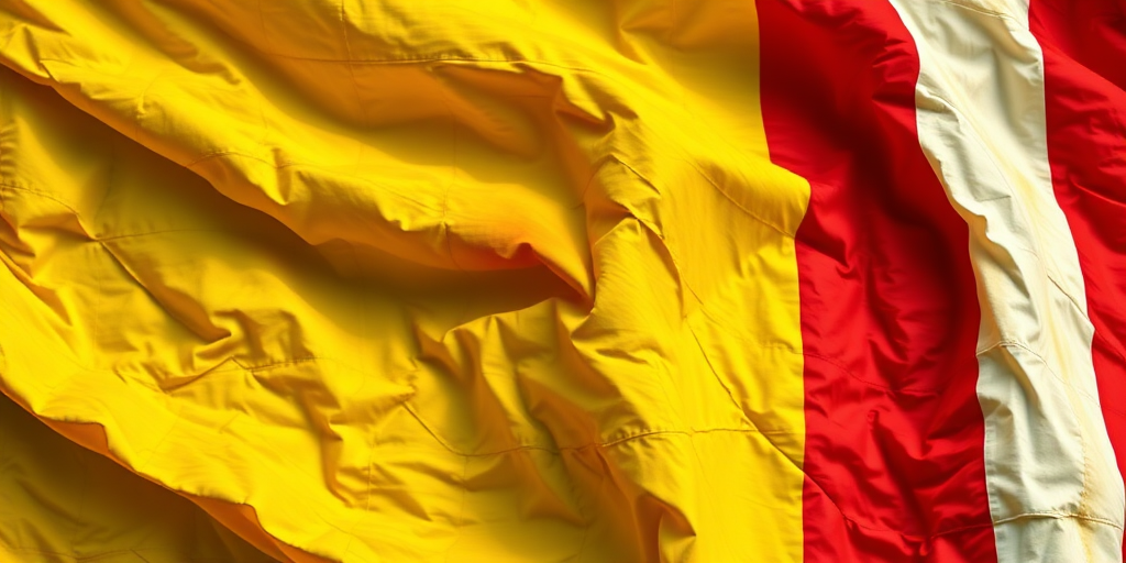 Generate an image of a flag with intricate folds and textures, capturing a vibrant mix of yellow, red, white, and green colors, using a DSLR camera with a 50mm lens at f/2.8, ISO 100, and natural light for enhanced detail and quality.