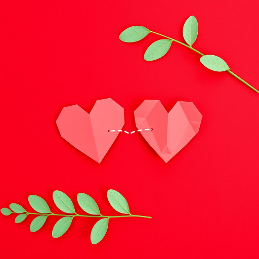 Create a Valentine's Day themed graphic featuring two paper hearts with a dashed line connecting them on a red background, using a high-resolution digital camera, f/2.8 aperture, 50mm lens, and natural lighting for a soft and romantic effect.