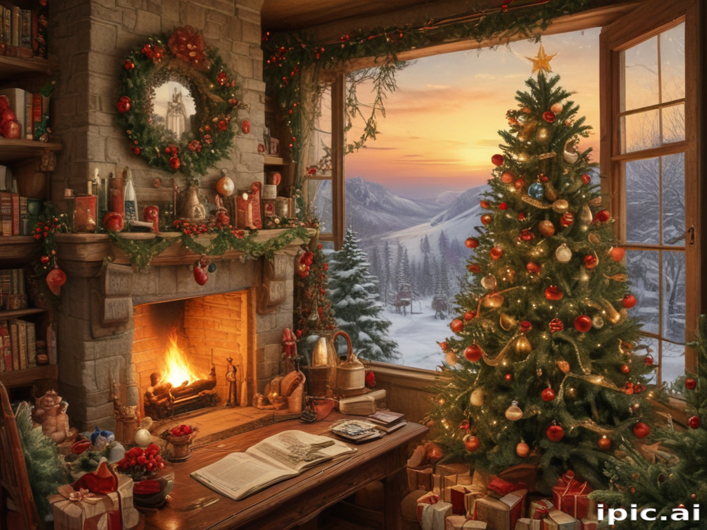 Cozy Winter Scene with a Beautifully Decorated Christmas Tree and Fireplace