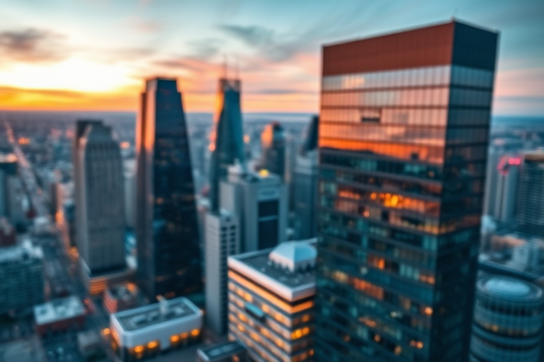 a sleek, modern city skyline at sunset, with vibrant colors reflecting on glass buildings, depth of field, ISO 100, f/8 aperture, 1/125s shutter speed, wide-angle lens, aerial view, DSLR camera