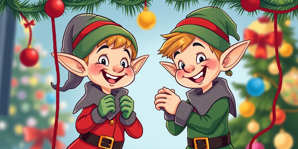 Create a colorful cartoon illustration of two cheerful elves working together to hang Christmas decorations, focus on vibrant colors and playful expressions, shot with a DSLR camera, using a 50mm lens, f/2.8 aperture, 1/250 sec shutter speed, and a soft focus background for enhanced detail.