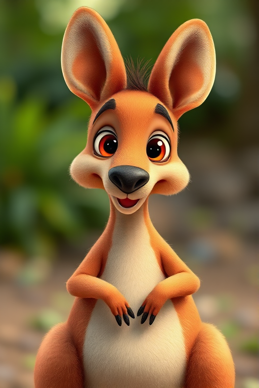 Create a high-resolution cartoon-style image of a friendly brown kangaroo with large eyes and a round body, using a Canon EOS R5 camera with a 50mm lens, f/1.8 aperture, ISO 100, and soft natural lighting to enhance clarity and color vibrancy.