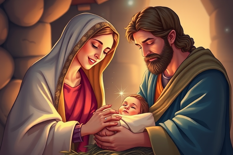 Create a highly detailed and vibrant digital illustration of a serene Nativity scene featuring Mary and Joseph looking at baby Jesus, soft natural lighting, shot with a DSLR camera at f/2.8 for shallow depth of field, wide-angle lens for a panoramic view, focus on warmth and gentle expressions, with a pastel color palette to enhance the peaceful atmosphere.
