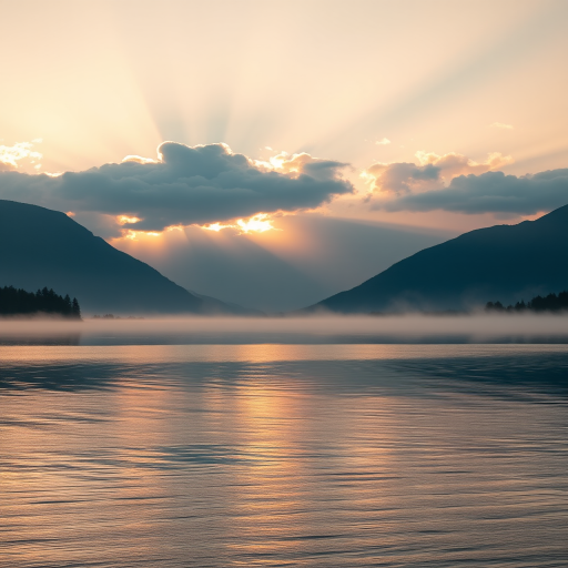 landscape of a serene lake at sunrise with mountains in the background, warm sunlight piercing through clouds, mist rising from the water, shot with a DSLR camera, 24mm lens, aperture set to f/8, ISO 200, golden hour lighting, high dynamic range for enhanced details