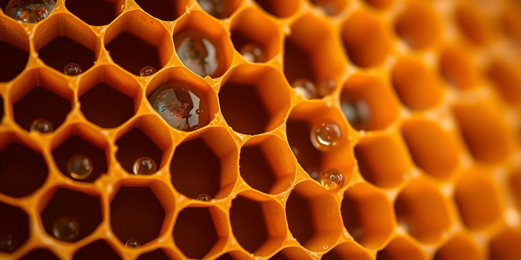high-resolution close-up of a honeycomb pattern with realistic water droplets, soft diffused lighting, ISO 100, f/4, 1/60s, DSLR camera, macro lens, shallow depth of field, vibrant color contrast