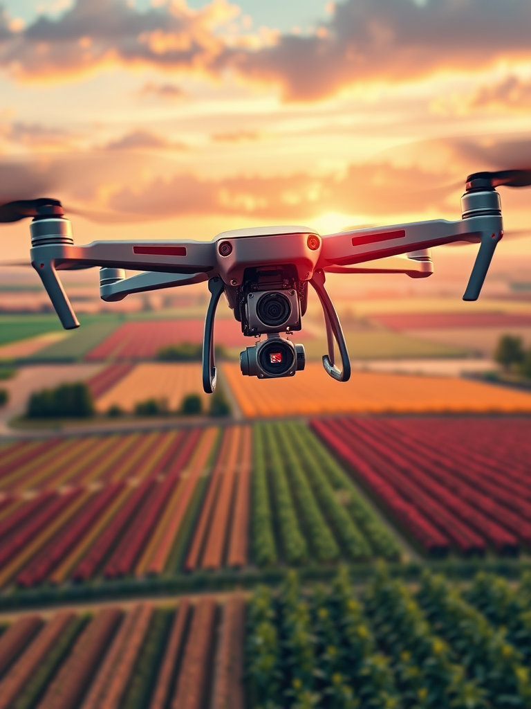 Create a detailed illustration of a drone equipped with an agricultural surveying camera flying over a vibrant farm landscape, showcasing fields and crops, with a wide-angle view, using a high-resolution digital art style, simulating a Canon EOS R5 camera at f/8, ISO 100, and a 24mm lens to capture sharp details and rich colors.