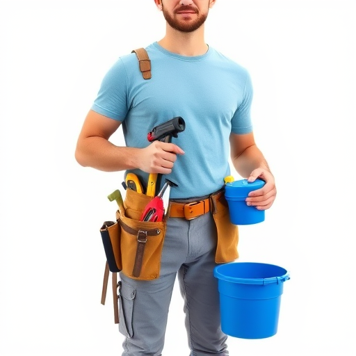 A male handyman standing confidently with a tool belt filled with various tools, holding a blue container, wearing a light blue t-shirt and gray pants, bright white background, shot with a Canon EOS R5, 50mm lens, f/1.8 aperture, ISO 100, soft lighting for even skin tone.