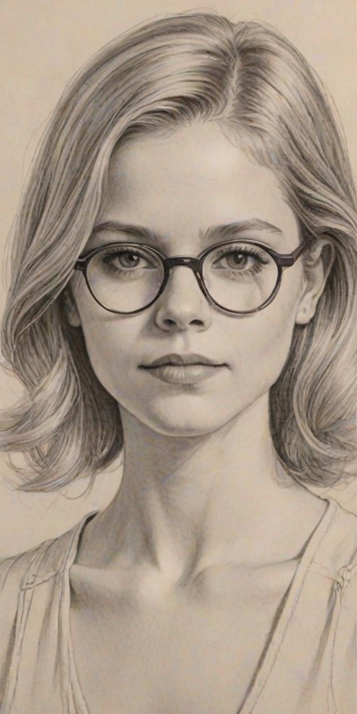 Delightful Erin Moriarty, pencil sketch, portrait of Comely woman 1922s in glasses, hair style beatnik, outline, clear lines, fine lines, 8k