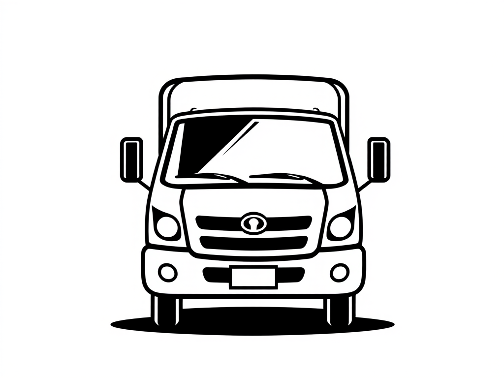 Generate a high-contrast vector graphic of a delivery truck icon, camera settings: ISO 100, aperture f/2.8, shutter speed 1/500s, camera view: front view, camera style: flat design, camera type: digital illustration.