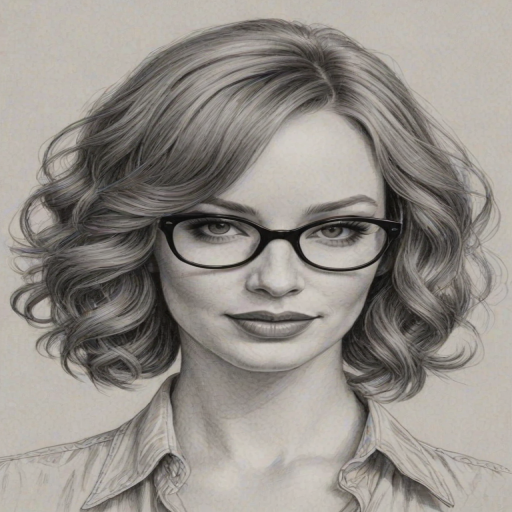 Radiant Christina Hendricks, pencil sketch, portrait of Wonderful woman 1979s in glasses, hair style beatnik, outline, clear lines, fine lines, 8k