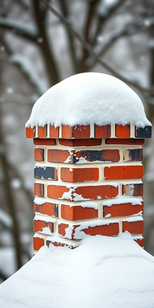 Create a high-resolution image of a red brick chimney with white snow on top, using a DSLR camera with a 50mm lens, aperture set to f/2.8 for shallow depth of field, ISO 100, and a portrait orientation.