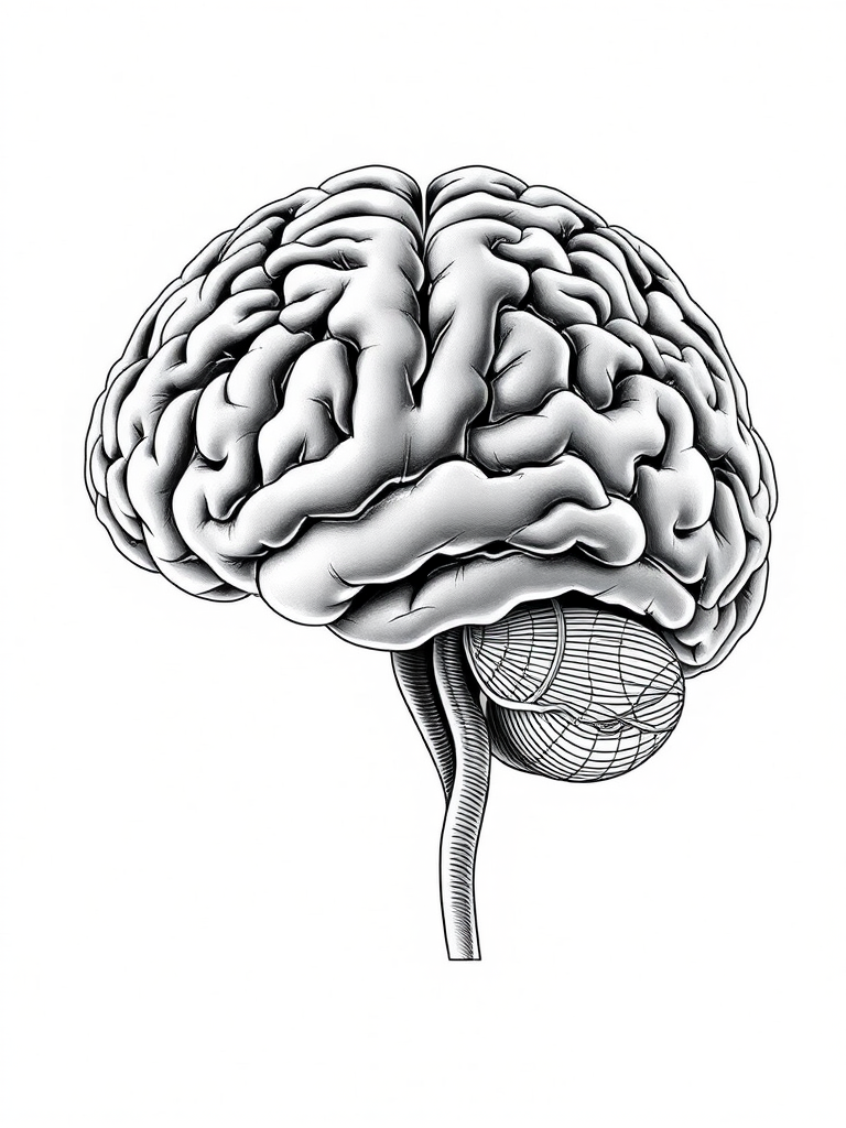 Create a highly detailed illustration of a human brain with intricate line work, using a Canon EOS R6 camera with a 50mm lens, f/8 aperture, ISO 100, and soft diffused lighting for enhanced clarity and depth.