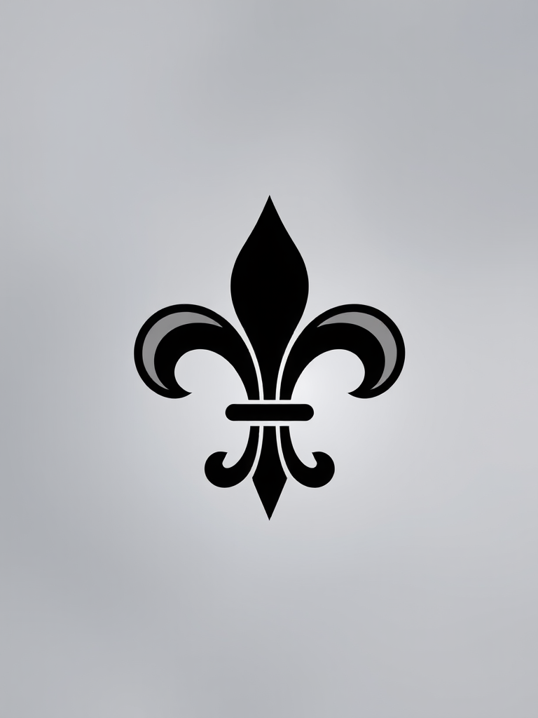 Create a high-resolution image of a stylized fleur-de-lis logo with a transparent background, captured using a DSLR camera with a 50mm lens at f/2.8, ISO 100, and a shallow depth of field for a smooth bokeh effect.
