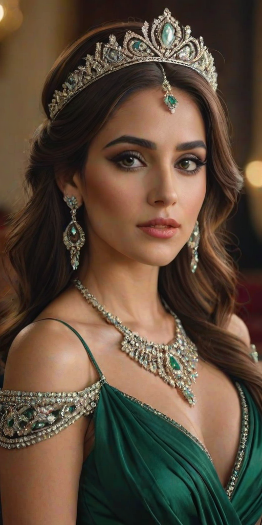 A gorgeous Chaldean woman in a luxurious green gown, accessorized with a dazzling tiara and statement earrings, her deep red eyes highlighted by impeccable makeup, poised in a royal setting, photorealistic, 8K quality