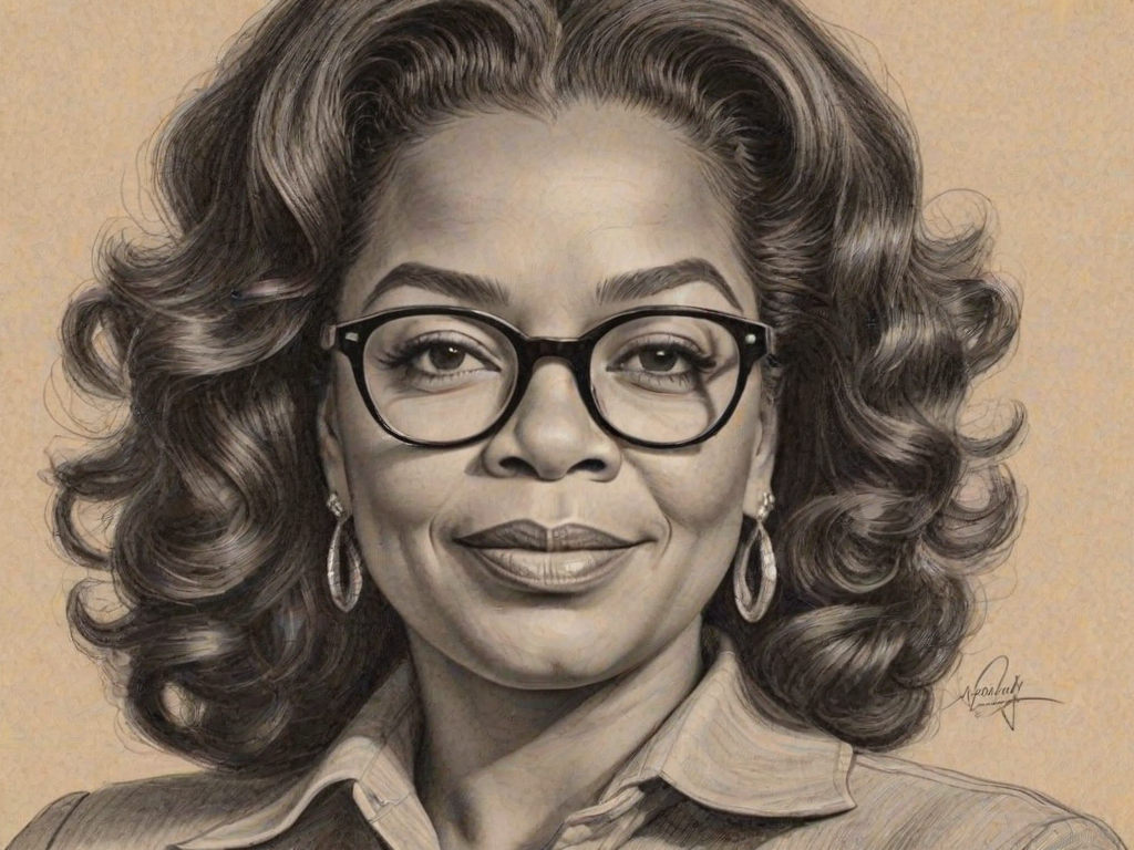 Sublime Oprah Winfrey, pencil sketch, portrait of Enchanting woman 1946s in glasses, hair style beatnik, outline, clear lines, fine lines, 8k