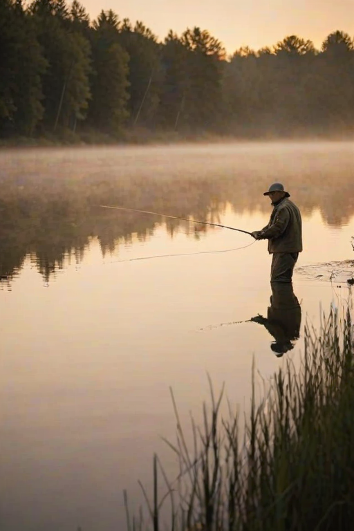 Softly focused image of a fisherman casting a line into a calm river at dusk, soft golden light from the setting sun reflecting on the water's surface, with distant trees barely visible through the mist.