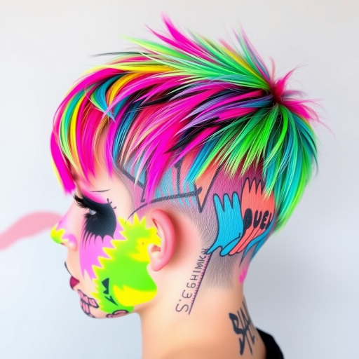 Edgy graffiti-inspired pixie cut featuring a kaleidoscope of neon hues in abstract patterns, with shaved sides for added drama