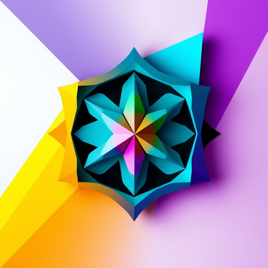 Generate a highly detailed abstract logo featuring geometric shapes and vibrant colors, shot with a Canon EOS R5 at f/8, ISO 100, 1/125s with a wide-angle lens, capturing a top-down view with a clean background to enhance contrast and clarity.