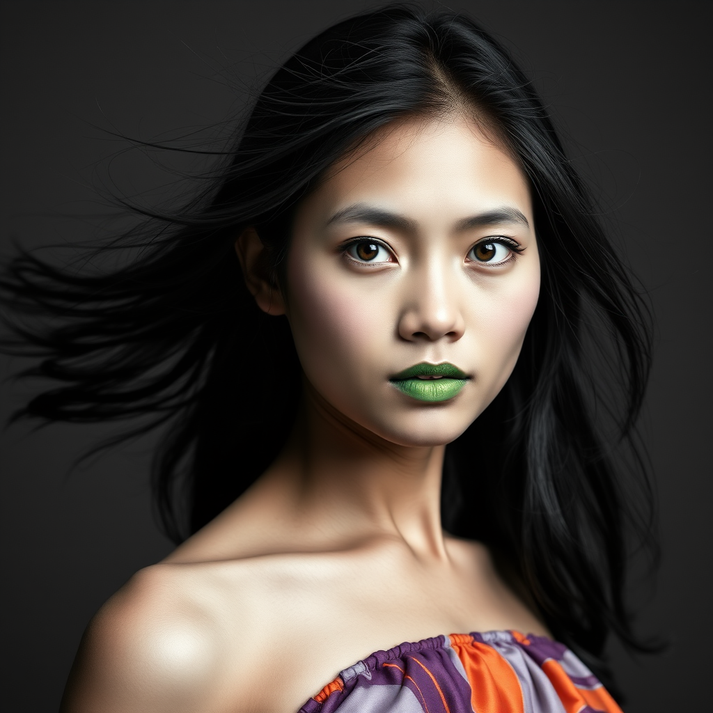 Photographic image of a beautiful young Burmese woman, white eyes, lips with green lipstick, long hair fluttering in the wind and wearing a silk strapless dress with a soft purple and orange print. monochrome image with only color highlights in the iris of the eyes, lipstick and dress. Gray background.