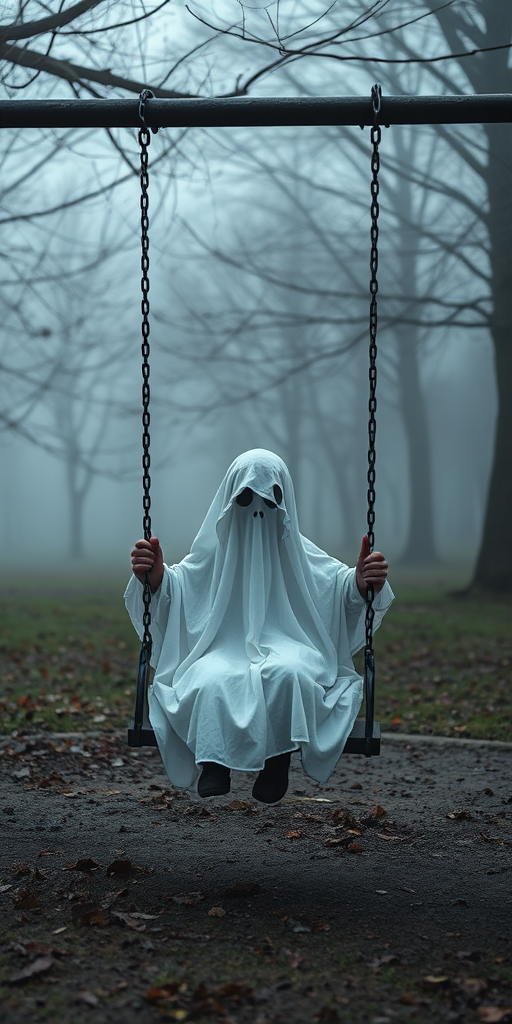 Create a high-resolution image of a child dressed as a ghost sitting on a swing in a foggy park, taken with a Canon EOS R5, 50mm lens, f/1.8 aperture, ISO 200, and a soft focus effect to enhance the eerie atmosphere.