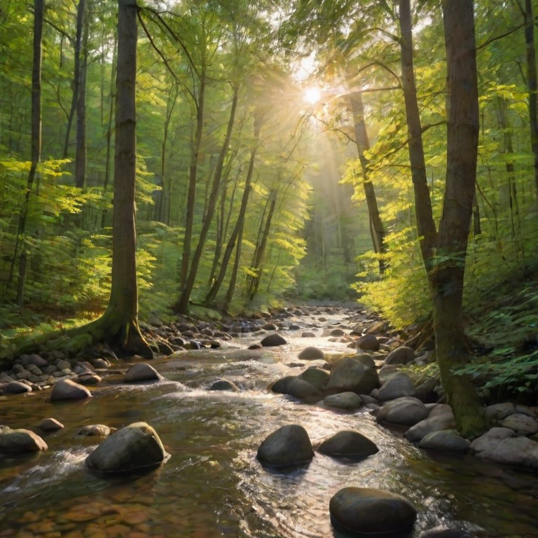 Create an image of a serene, sunlit forest scene with a clear, gently flowing river. Tall trees with lush green foliage line both sides of the river, their leaves bathed in the warm golden light of the setting or rising sun. The sunlight filters through the trees, casting soft, dappled light on the river, which flows over smooth rocks and pebbles, creating a peaceful, natural atmosphere. The sky is bright with a few scattered clouds, and the overall mood is tranquil, evoking a deep sense of connection with nature. The image captures the beauty of a calm, pristine forest landscape at either dawn or dusk.