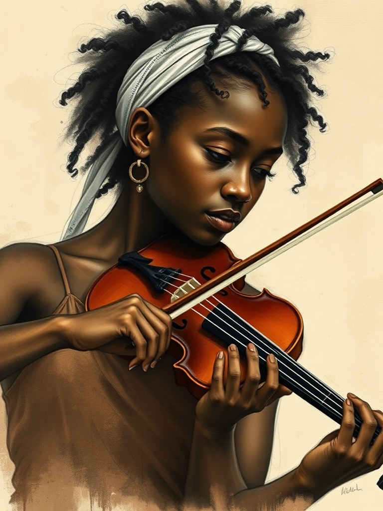 a young Afro-Caribbean woman with a white headband playing a violin, in the style of a charcoal drawing, sepia grunge background