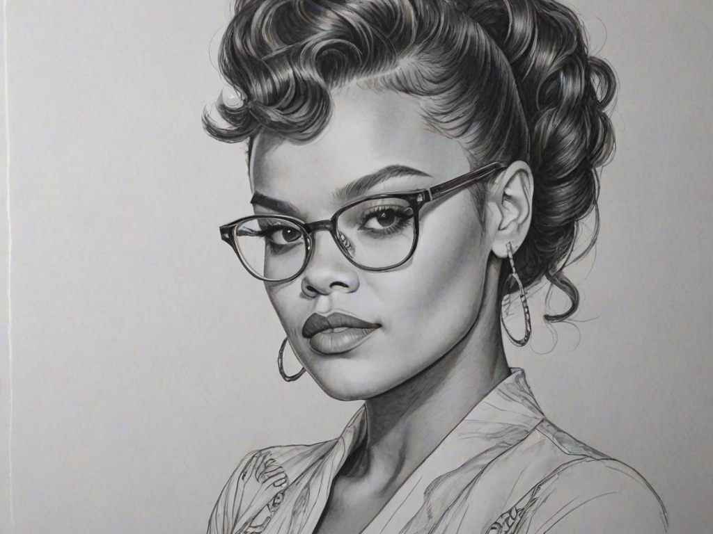Gorgeous Andra Day, pencil sketch, portrait of Fascinating woman 1971s in glasses, hair style beatnik, outline, clear lines, fine lines, 8k