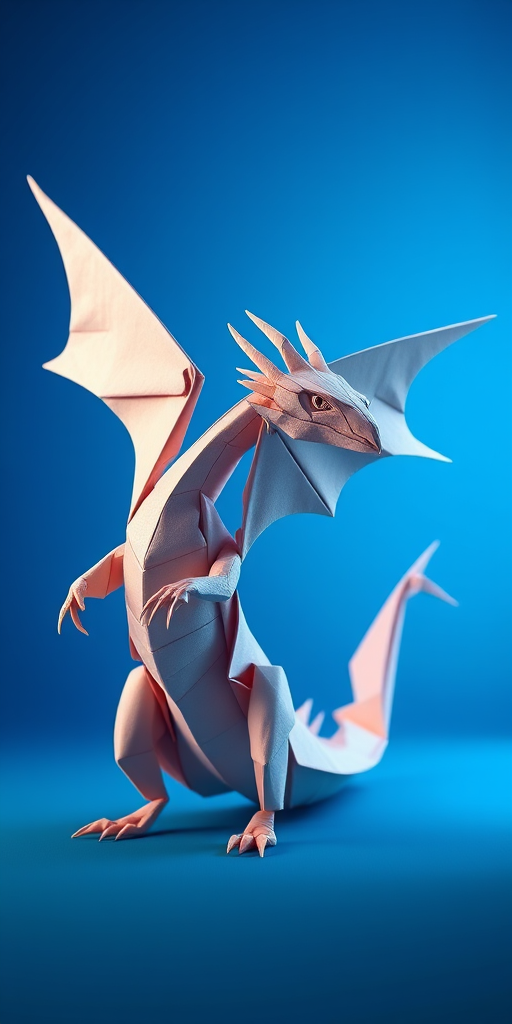 Create a high-resolution digital illustration of an origami dragon with sharp angles and a sleek design against a gradient blue background, using a DSLR camera with a 50mm lens, aperture f/1.8, ISO 100, and a soft focus for artistic depth.