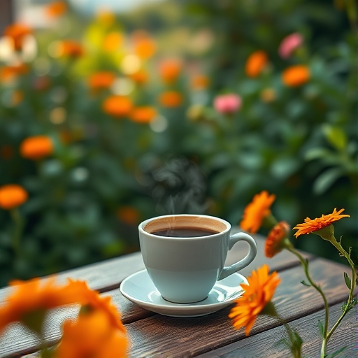 A serene outdoor scene featuring a steaming cup of coffee on a wooden table surrounded by vibrant orange flowers and lush greenery, captured in soft natural light with a Canon EOS R5, 50mm lens, f/1.8 aperture, ISO 100, and a shallow depth of field to enhance the bokeh effect.