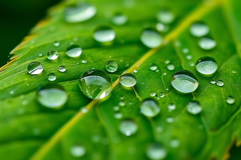 macro photograph of a green leaf with water droplets, aperture f/2.8, shutter speed 1/200s, ISO 100, 50mm lens, natural light, shallow depth of field, close-up view, DSLR camera