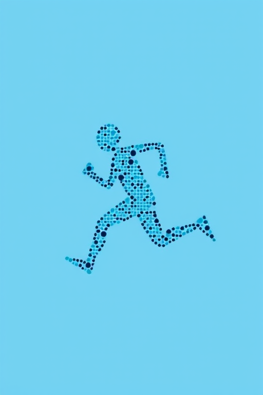 Create an abstract image of a running figure made of dots in shades of blue and black against a solid light blue background, using a DSLR camera with a 50mm lens, aperture f/2.8, shutter speed 1/125s, ISO 200, from a slightly low angle for a dynamic perspective.