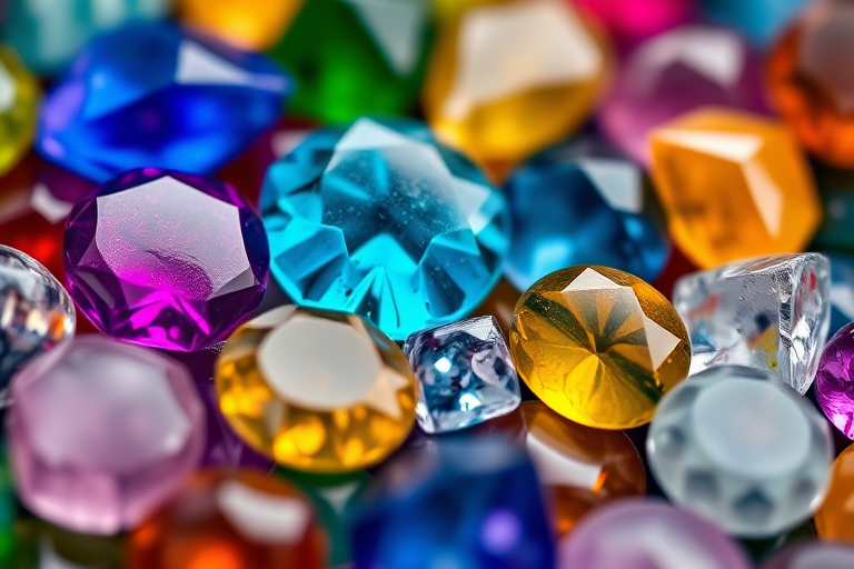 Close-up shot of a variety of colorful polished gemstones with a shallow depth of field, using a macro lens at f/2.8 for soft backgrounds, ISO 100 for minimal noise, and a shutter speed of 1/200s, taken with a DSLR camera from a top-down angle to highlight texture and color contrast.